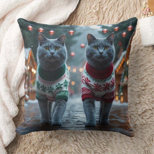 ロシアンブルーの猫のクリスマス・スノー・ホリデー クッション (ブランケット)