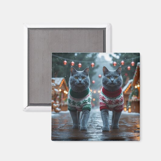 ロシアンブルーの猫のクリスマス・スノー・ホリデー マグネット (正面/裏面)