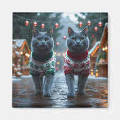 ロシアンブルーの猫のクリスマス・スノー・ホリデー マグネット (正面)