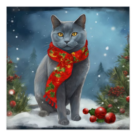 ロシアンブルーの猫のクリスマス ポスター (正面)