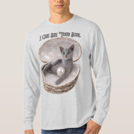 ロシアンブルーの猫のデザインTシャツ 透視能力であなたの魂を見透かす Tシャツ