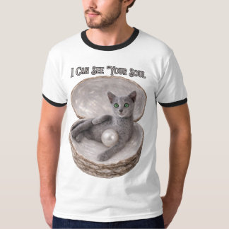 ロシアンブルーの猫のデザインTシャツ 透視能力であなたの魂を見透かす Tシャツ