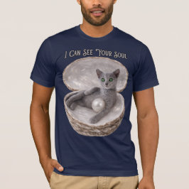 ロシアンブルーの猫のデザインTシャツ 透視能力であなたの魂を見透かす Tシャツ