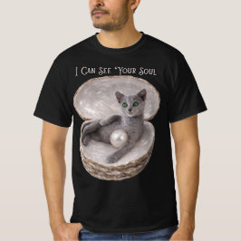 ロシアンブルーの猫のデザインTシャツ 透視能力であなたの魂を見透かす Tシャツ