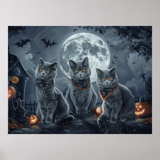 ロシアンブルーの猫のハロウィーンの不気味なデザイン ポスター (正面)