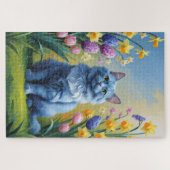 ロシアンブルーの猫の春の花の絵 ジグソーパズル (横)