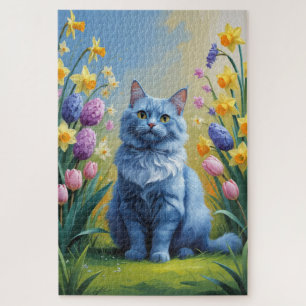 ロシアンブルーの猫の春の花の絵 ジグソーパズル
