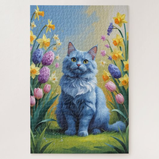 ロシアンブルーの猫の春の花の絵 ジグソーパズル (縦)