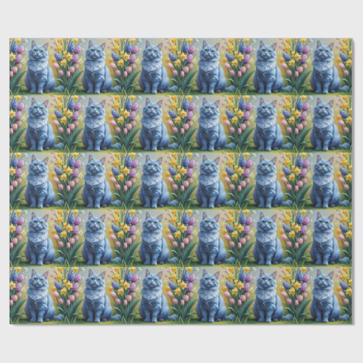 ロシアンブルーの猫の春の花の絵 ラッピングペーパー (フラット)