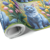 ロシアンブルーの猫の春の花の絵 ラッピングペーパー (ロールコーナー)