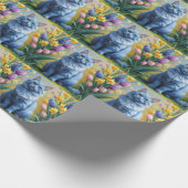 ロシアンブルーの猫の春の花の絵 ラッピングペーパー (角)