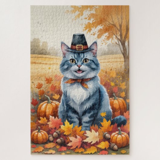 ロシアンブルーの猫の秋の葉と感謝祭のアート ジグソーパズル (縦)