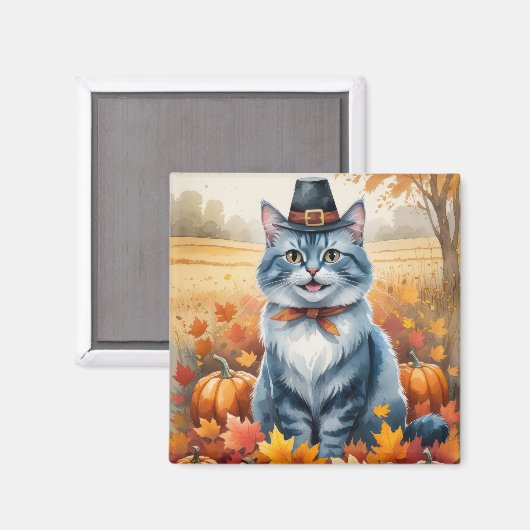 ロシアンブルーの猫の秋の葉と感謝祭のアート マグネット (正面/裏面)