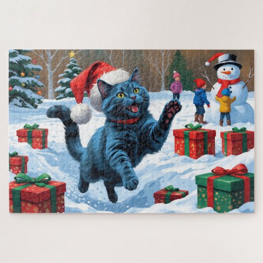 ロシアンブルーの猫、クリスマスの帽子をかぶって雪の中を走る ジグソーパズル (横)