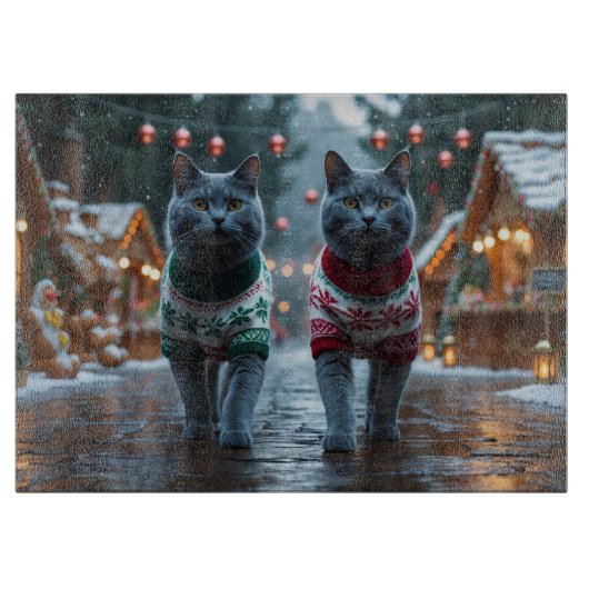 ロシアンブルーの猫 クリスマス スノー ホリデー カッティングボード (正面)