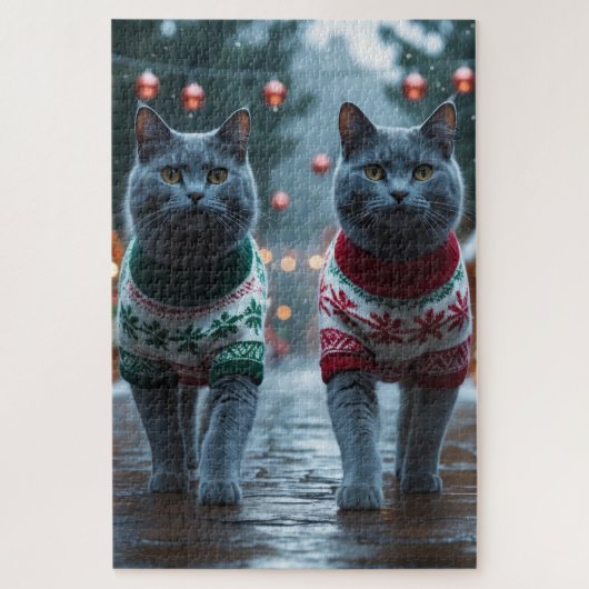 ロシアンブルーの猫 クリスマス スノー ホリデー ジグソーパズル (縦)