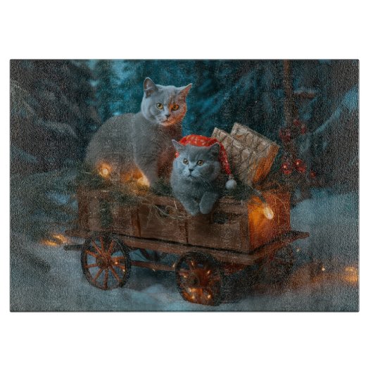 ロシアンブルーの猫 雪のそりクリスマスの飾り カッティングボード (正面)