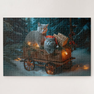 ロシアンブルーの猫 雪のそりクリスマスの飾り ジグソーパズル