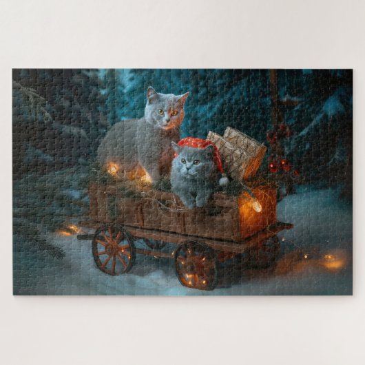ロシアンブルーの猫 雪のそりクリスマスの飾り ジグソーパズル (横)