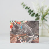 ロシアンブルーの短毛猫 グレーの英語 ポストカード (スタンド正面)