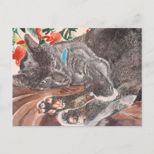 ロシアンブルーの短毛猫 グレーの英語 ポストカード (正面)