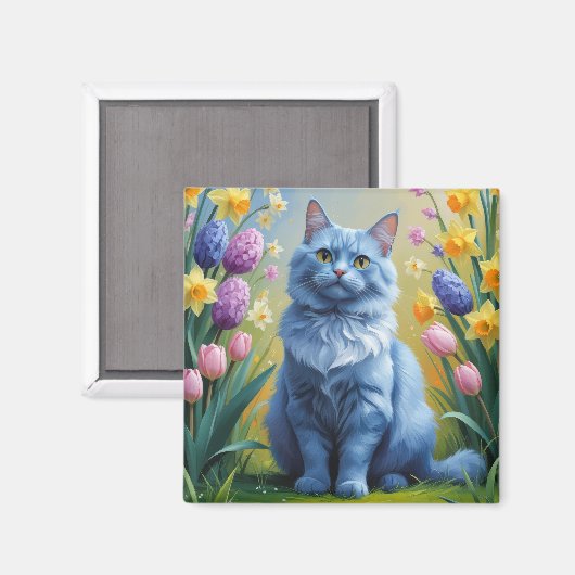 ロシアンブルー猫の春の花の絵 マグネット (正面/裏面)