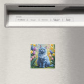 ロシアンブルー猫の春の花の絵 マグネット (インサイチュ (食洗機))