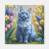 ロシアンブルー猫の春の花の絵 マグネット (正面)