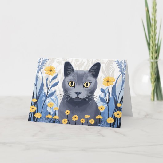 ロシアンブルー猫 黄色の花 サンキューカード (正面)