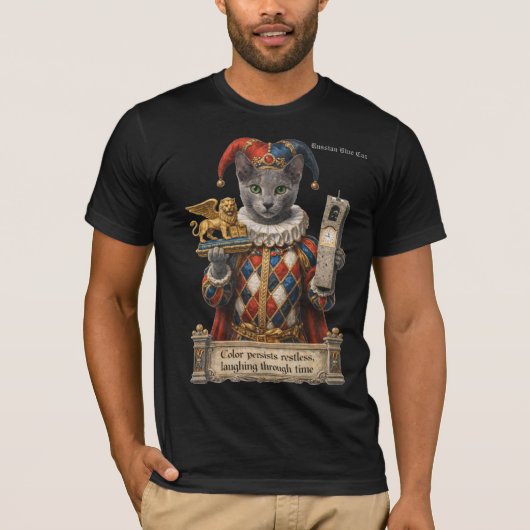 ロシアンブルー・アルレッキーノ猫 Tシャツ (正面)