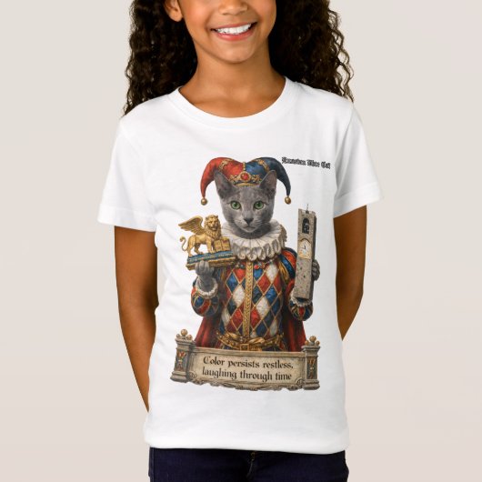 ロシアンブルー・アルレッキーノ猫 Tシャツ (正面)