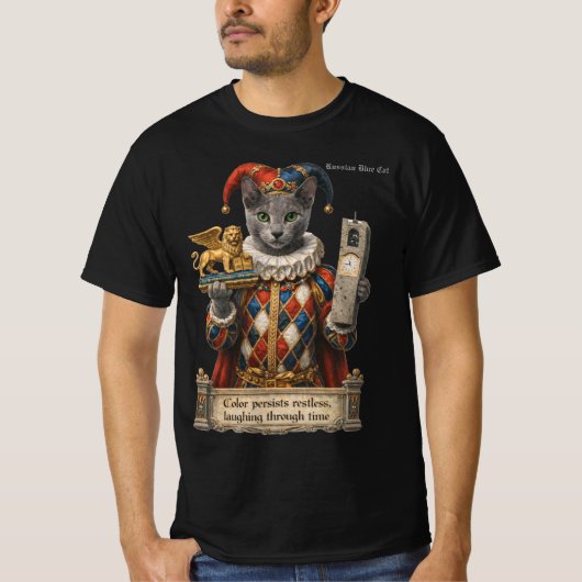 ロシアンブルー・アルレッキーノ猫 Tシャツ (正面)