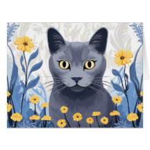 ロシアンブルー 猫 黄色い花 大きなカード