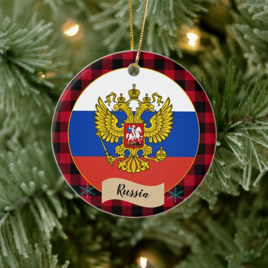 ロシア、レッドバッファロープレイド&ロシアの国旗 セラミックオーナメント (ツリー)