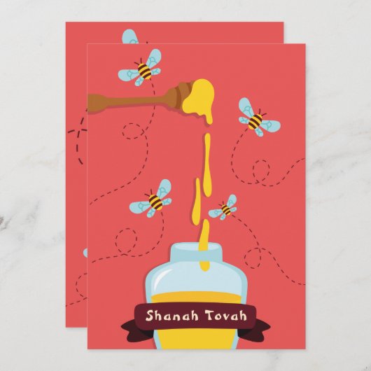 ロシュ・ハシャナの蜂蜜と蜂のグリーティング シーズンカード (正面/裏面)