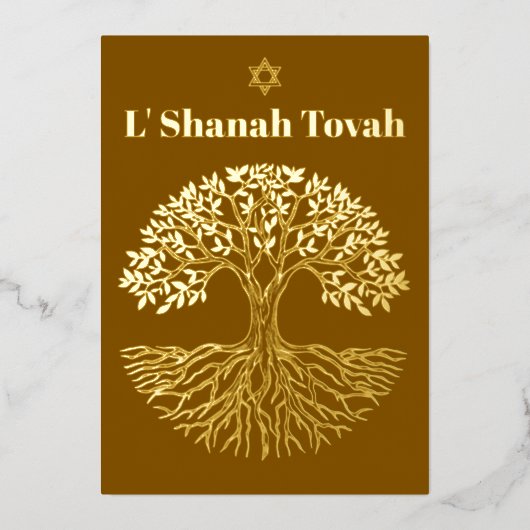 ロシュ・ハシャナー ゴールド フォイル ツリー オブ ライフ ブラウン 箔シーズンカード (正面)
