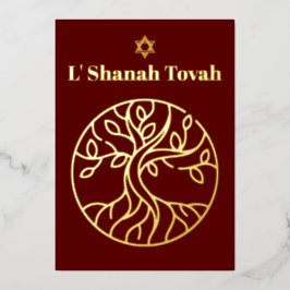 ロシュ・ハシャナ・ゴールド・フォイル・ツリー・オブ・ライフ・バーガンディ 箔シーズンカード