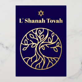 ロシュ・ハシャナ・ゴールド・フォイル・ツリー・オブ・ライフ・ブルー 箔シーズンカード