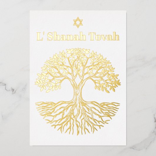 ロシュ・ハシャナ・ゴールド・フォイル・ツリー・オブ・ライフ・ホワイト 箔シーズンカード (正面)