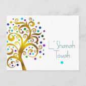 ロシュ・ハシャナ　ブルー　ゴールド　ホイル　ツリー　オブ　ライフ　モダン シーズンポストカード (正面)