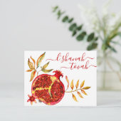 ロシュ・ハシャナ レッド ゴールド 水彩 ボールド ザクロ シーズンポストカード (スタンド正面)