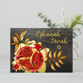 ロシュ・ハシャナ　赤いザクロ　水彩　本物の金 箔シーズンカード (立ち正面)