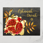 ロシュ・ハシャナ　赤いザクロ　水彩　本物の金 箔シーズンポストカード (正面)