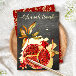 ロシュ・ハシャナ　赤い水彩画の実る宝石　本物の金 箔シーズンカード