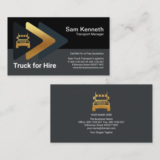 ロジスティック金ゴールド矢印レトロトラック輸送ドライバ 名刺 (正面/裏面)