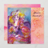 ロジナ/レディ、ローズとパロット ピンクのブライダルシャワー 招待状 (正面/裏面)