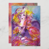 ロジーナ/ロマンチックな女性、バラとオウムのピンク色 招待状 (正面/裏面)