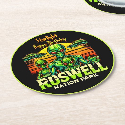 ロズウェルのUFOホットスポットを今すぐ発見! ラウンドペーパーコースター (アングル)