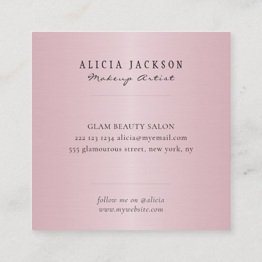 ロセゴルドピンクのメタリックモノグラムのメイクアップアーティスト スクエア名刺 (裏面)