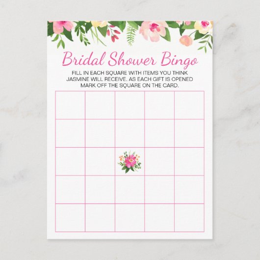 ロセラピンクフラワーズブライダルシャワービンゴカード インビテーションポストカード (正面)